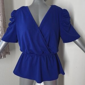 Blue wrap blouse 3X crunched gartered waist